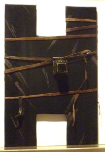 Black Eta (1983) Fabric over wood with pasul tefillin by Ita Aber