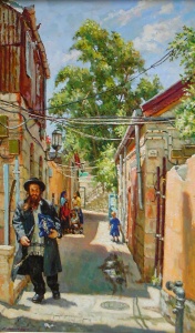 Returning from Shul (2002) Oil on Canvas [19 5/8 x 12] by Itshak Holtz Private Collection 