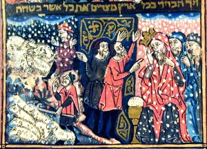 The Plague of Hail (f17a) The Rylands Haggadah (mid-14th Century Catalonia)