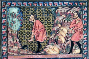 Moses at the Burning Bush (f.13b) The Rylands Haggadah (mid-14th Century Catalonia)