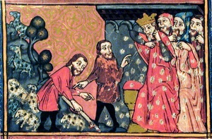 The Plague of Lice (f.16a) The Rylands Haggadah (mid-14th Century Catalonia)