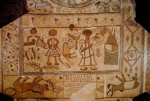 Akeidah section, mosaic; Bet-Alpha Synagogue, Israel, 6th century C. E.