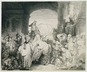The Triumph of Mordechai (1641) etching by Rembrandt van Rijn British Museum, London 
