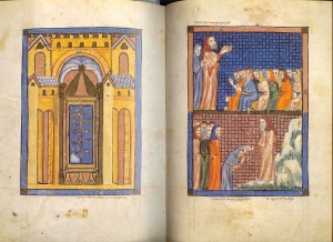 The Synagogue, illuminated manuscript, pages 33 & 34, ink and color on vellum (ca.1350) The Sarajevo Haggadah Courtesy of Joy Schonberg Gallery