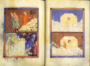  The Ark and Noah, illuminated manuscript, pages 5 & 6, ink and color on vellum (ca.1350) The Sarajevo Haggadah Courtesy of Joy Schonberg Gallery 