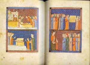  The Burial of Jacob and Joseph, the Finding of Moses, illuminated manuscript, pages 20 & 21, ink and color on vellum (ca.1350) The Sarajevo Haggadah Courtesy of Joy Schonberg Gallery 