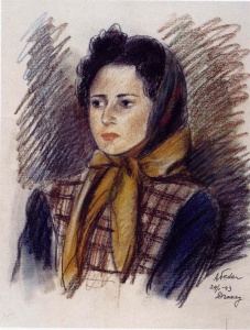 Portrait of a Lady with a Kerchief, (1943) Charcoal and pastel on paper by Aizik-Adolphe Feder (1887-1943) Ghetto Fighter's House Museum, Israel 