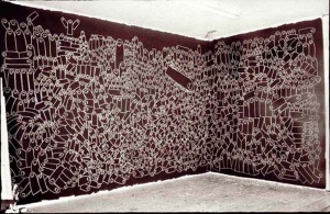 Untitled (2003) wall drawing chalk on black latex paint (11' x 19'; 11' x 9') by Natan Nuchi