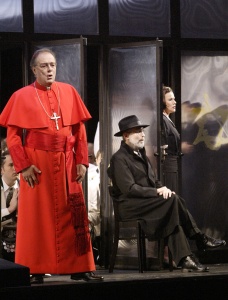 Ferruccio Furlanetto as Cardinal Brogni, Neil Shicoff as Eleazar, and Soile Isokoski as Rachel in Halevy's "La Juive."