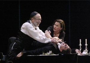 Neil Shicoff as Eleazar, Soile Isokoski as Rachel, and Eric Cutler (on back) as Leopold in Halevy's "La Juive."