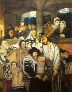 Jews Praying on the Day of Atonement (oil on canvas) (1878) by Maurycy Gottlieb Tel Aviv Museum of Art, Israel