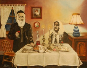 Shabbat Dinner (1958), oil on canvas, by William Samuel Schwartz Courtesy of The Jewish Gallery