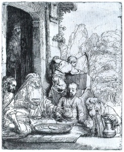 Abraham Entertaining the Angels (1656) etching and drypoint by Rembrandt Photo courtesy Harvard University, Fogg Art Museum