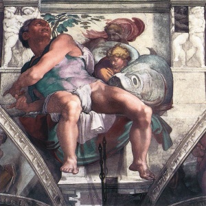 Jonah (detail of Sistine ceiling, 1511), fresco by Michelangelo Sistine Chapel, Rome