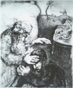 Jacob Blessed by Isaac, The Bible (1957) etching by Marc Chagall Courtesy the Jewish Museum