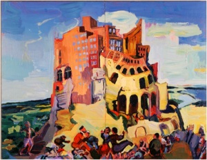 Babel, 1998 (acrylic on wood, 5’ X 6’) by Joel Silverstein Courtesy the artist