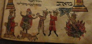 Leipzig Machzor (ca. 1300) Detail of Nimrod, Terah, Abraham, Haran Courtesy Leipzig University Library