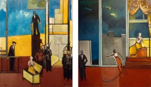 Sister Act / Entering Egypt and Whip Angel Defends Sarah Against Pharaoh (2008) Oil on canvas each 6’ x 5’ by Richard McBee