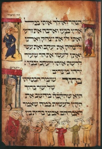 Esav and Yakov, fol. 12r, (ca.1300) illuminated manuscript, Israel Museum Courtesy “The Medieval Haggadah” by Marc Michael Epstein Yale University Press, 2011