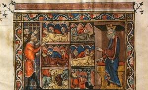 Death of the First Born, (ca.1330) Tempera, gold, ink on parchment: Rylands Haggadah Courtesy The John Rylands University Library, University of Manchester, England