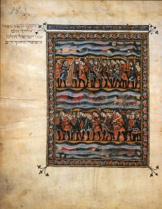 Crossing the Red Sea, (ca.1330) Tempera, gold, ink on parchment: Rylands Haggadah Courtesy The John Rylands University Library, University of Manchester, England