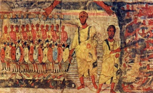 Moses at the Red Sea (detail) (ca. 235) fresco at Dura Europos Synagogue Courtesy National Museum, Damascus, Syria