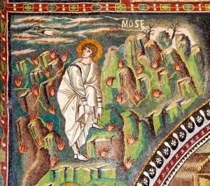 Moses Tending Sheep and at the Burning Bush (548) mosaic at St. Vitale Courtesy Basilica of San Vitale, Ravenna, Italy