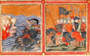 Moses at the Red Sea (1320) illumination from Golden Haggadah Courtesy The British Library, London