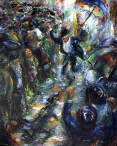 Dancing in the Rain, (30 x 24), Oil on linen by Rosa Katzenelson Courtesy Hadas Gallery