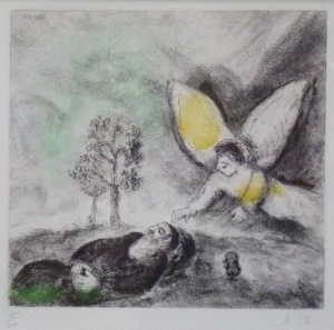 Elijah Touched by an Angel (1957) hand-colored etching by Marc Chagall Courtesy Haggerty Museum of Art, Gift of Patrick and Beatrice Haggerty Marc Chagall © 2012 Artists Rights Society (ARS), New York / ADAGP, Paris