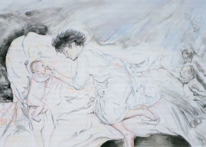 Creation: Angel and Baby (detail from The Scroll) (1987) mixed media on paper by Ruth Weisberg Courtesy Skirball Cultural Center 