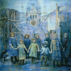 The Past: The Great Synagogue of Danzig (1984) oil on canvas by Ruth Weisberg Courtesy Skirball Cultural Center
