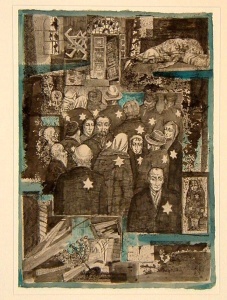 The Warsaw Ghetto (1966), 40 gouache, pen and ink paintings by Jozef Kaliszan Exodus “The Cursed Star of Israel” (#02) Courtesy Kestenbaum & Company 