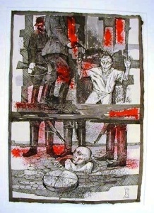 The Warsaw Ghetto (1966), 40 gouache, pen and ink paintings by Jozef Kaliszan Massacre “What’s Left of Us” (#35) Courtesy Kestenbaum & Company 