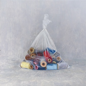 Spools II (2013), [20 x 20] oil on linen by Ron Milewicz Courtesy Elizabeth Harris Gallery 