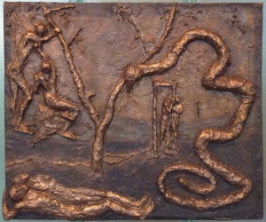 The Story of Adam and Eve (2013) bronze relief by Lynda Caspe Courtesy Derfner Judaica Museum – Hebrew Home at Riverdale