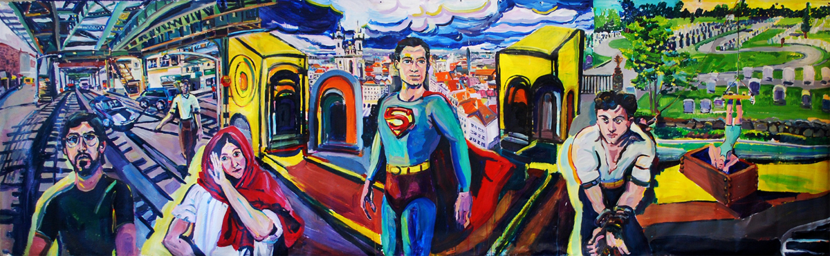 Superman in Exile, 2013, 60” x 192” acrylic on canvas, by Joel Silverstein, Courtesy the artist