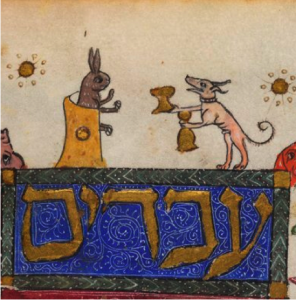 Dog Serves the Hare (detail) Haggadah, Add. Ms. 14761, fol. 30v; Catalonia, Spain, 14th cen: Courtesy British Library, London