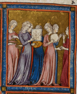 Miriam at the Sea (detail) Golden Haggadah, (1340), Fol.15: Courtesy British Library, London 